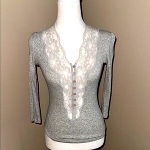 BCBGMaxAzria Vintage Heather Gray Lace Trim Blouse